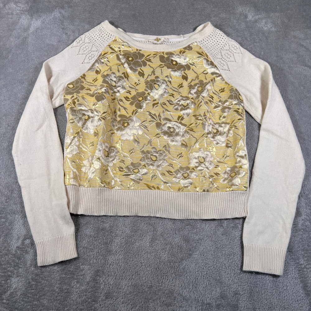 Anthropologie Pullover Womens Small Ivory Gold Leaf Brocade Front Glitter Floral